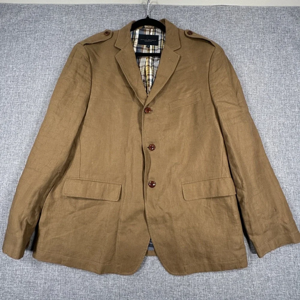 Banana Republic Linen Blazer Mens 44R Brown Tailored Fit Military Safari Jacket